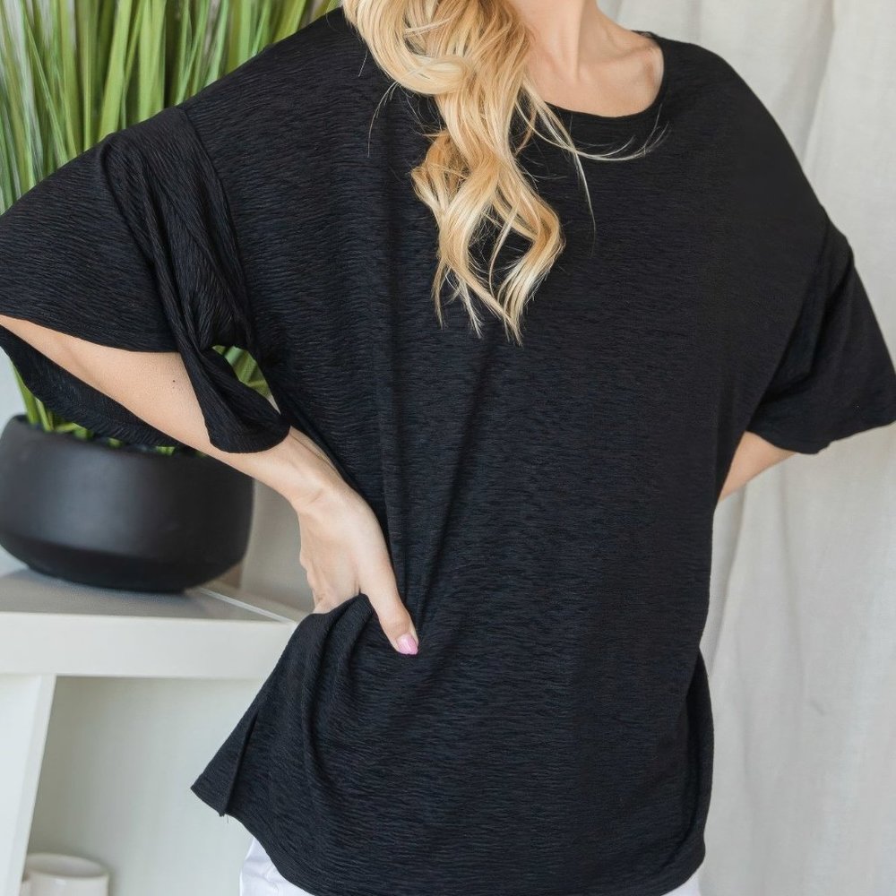 Flared Sleeve Basic Shortsleeve Top-black